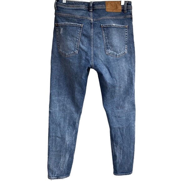 Zara High Rise Jeans Women 32 Distressed Ripped Button Fly Tapered Med Wash - Picture 4 of 16
